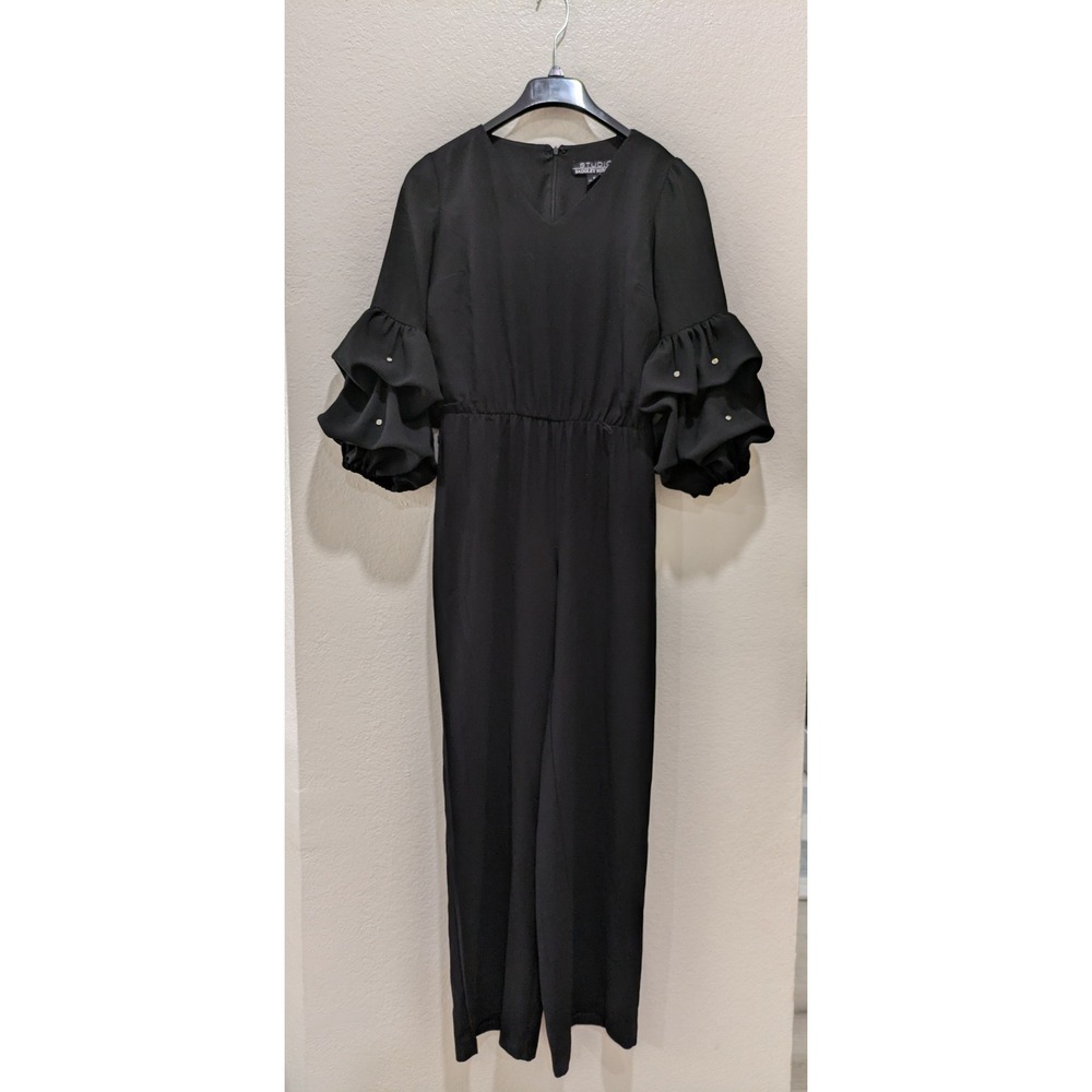 Badgley Mischka Jumpsuit Women's M Black One Piece Ruched Sleeve Elegant